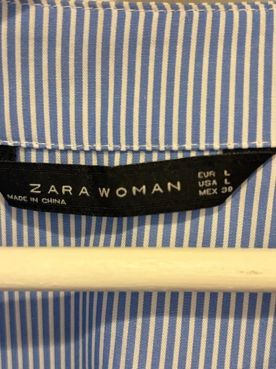 Zara Light Blue Striped Embroidered Peasant Blouse with Multicolor Tassels - Picture 2 of 7